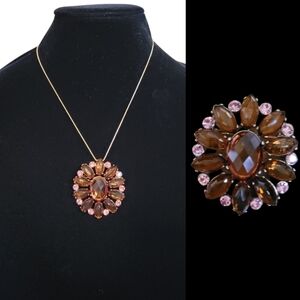 Vintage Amber‎ Aycrlic Pink Rhinestone Antique Gold Pendant Necklace Brooch
